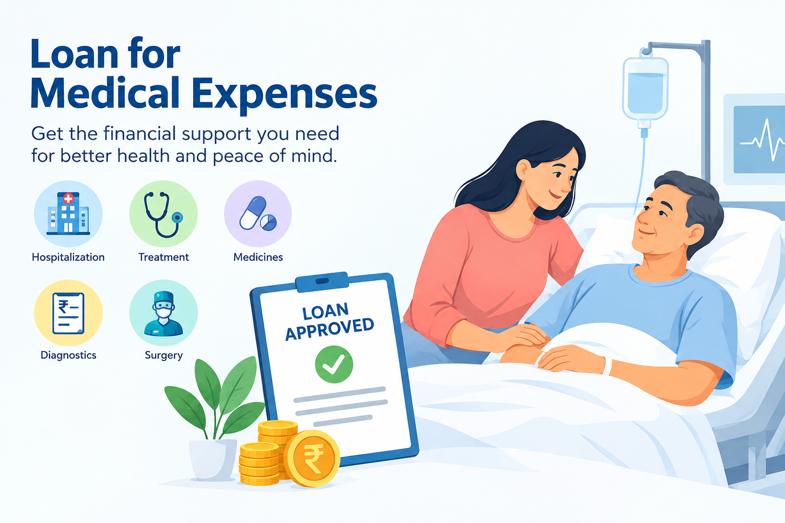 Loan for medical expenses illustration showing a patient in a hospital bed, medical care icons, a loan approval document, and Indian rupee coins for healthcare financing.